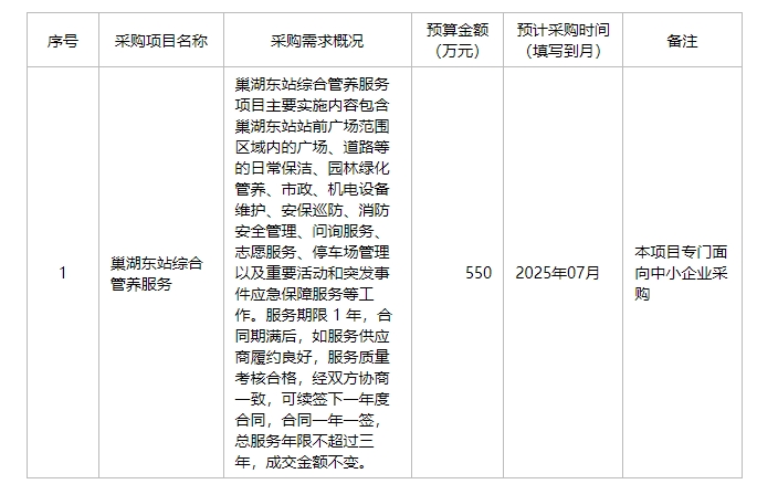 巢湖东站地区综合管理办公室2025年6月至7月政府采购意向