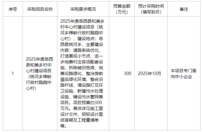 岳西县姚河乡人民政府2025年9月至10月政府采购意向